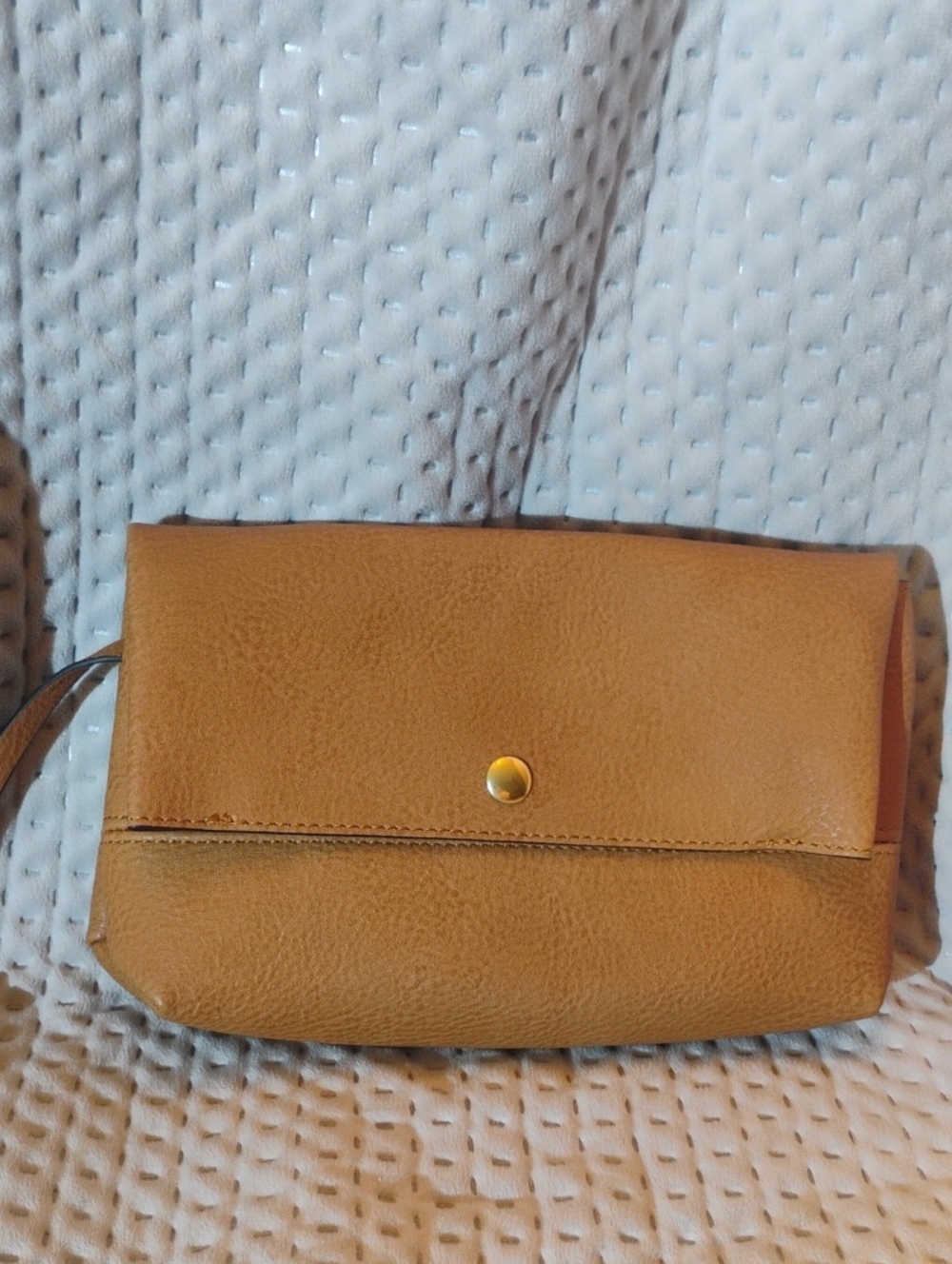 Versatile Tan Leather Wristlet Clutch with Snap Closure